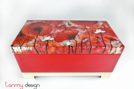 Red rectangle lacquer box hand-painted with lotus pond included with stand 18x35 cm